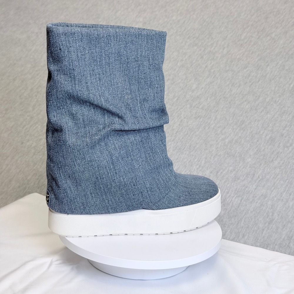 Guess Guinna3 Medium Blue Denim Slouchy Platform Hidden Wedge Boots 7.5 M